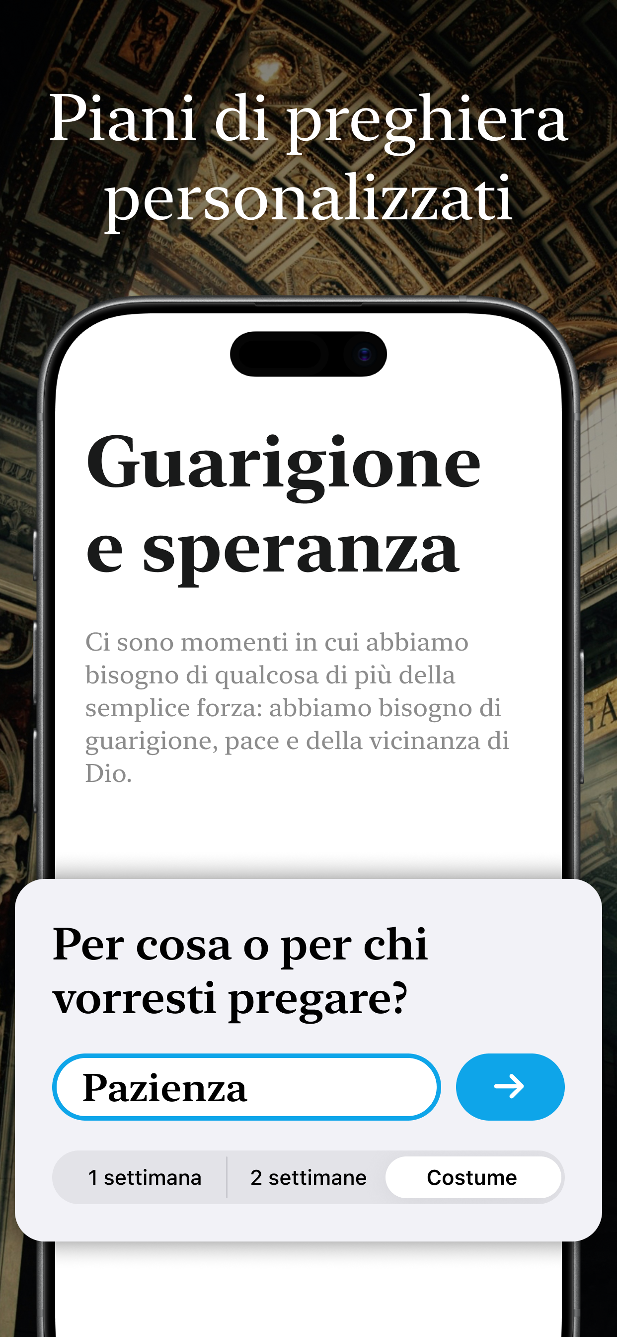 Anteprima dell'app cattolica Corvia - schermata iniziale per la preghiera e l'elenco delle novene